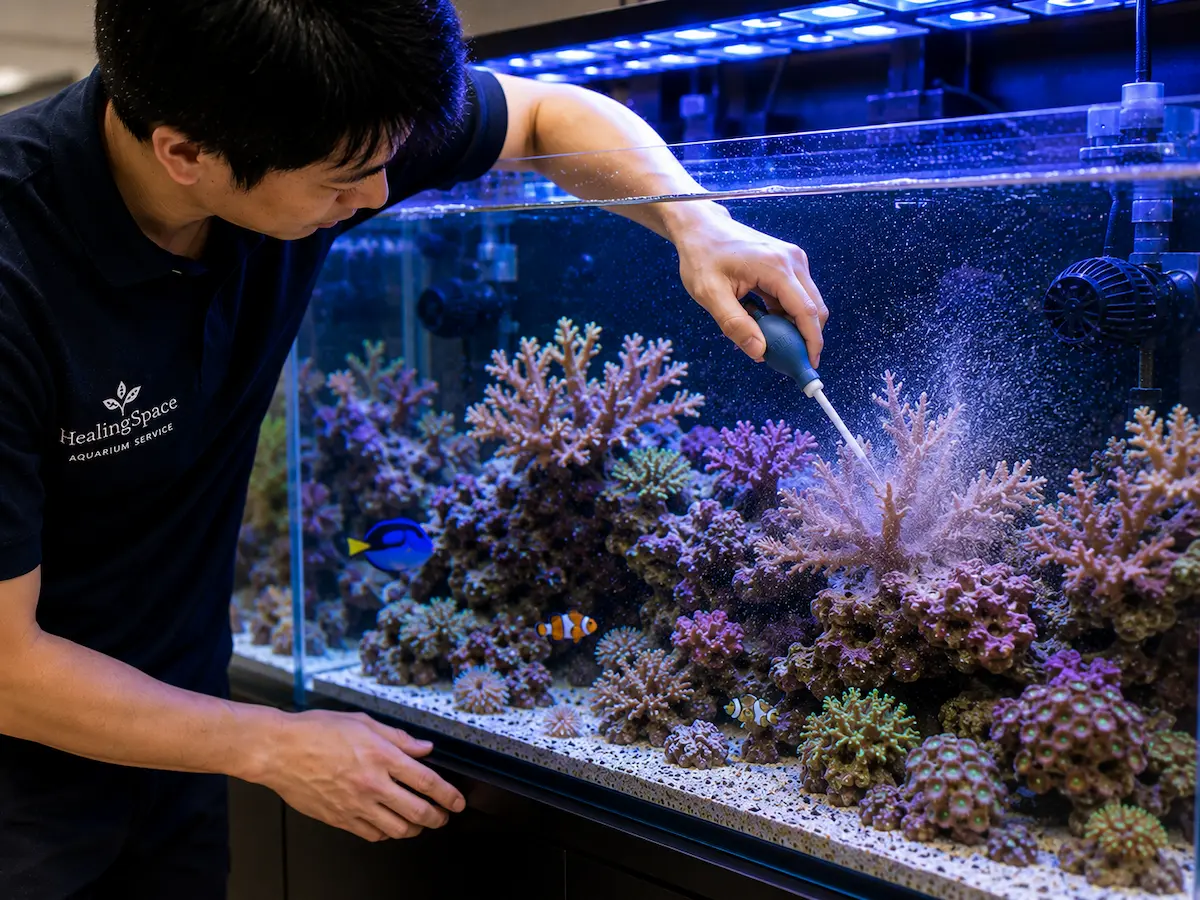 法人向け海水水槽で珊瑚のメンテナンスを行う水槽業者